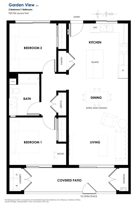 Floor plan for 2 beds, 1 bath, 926 sqft